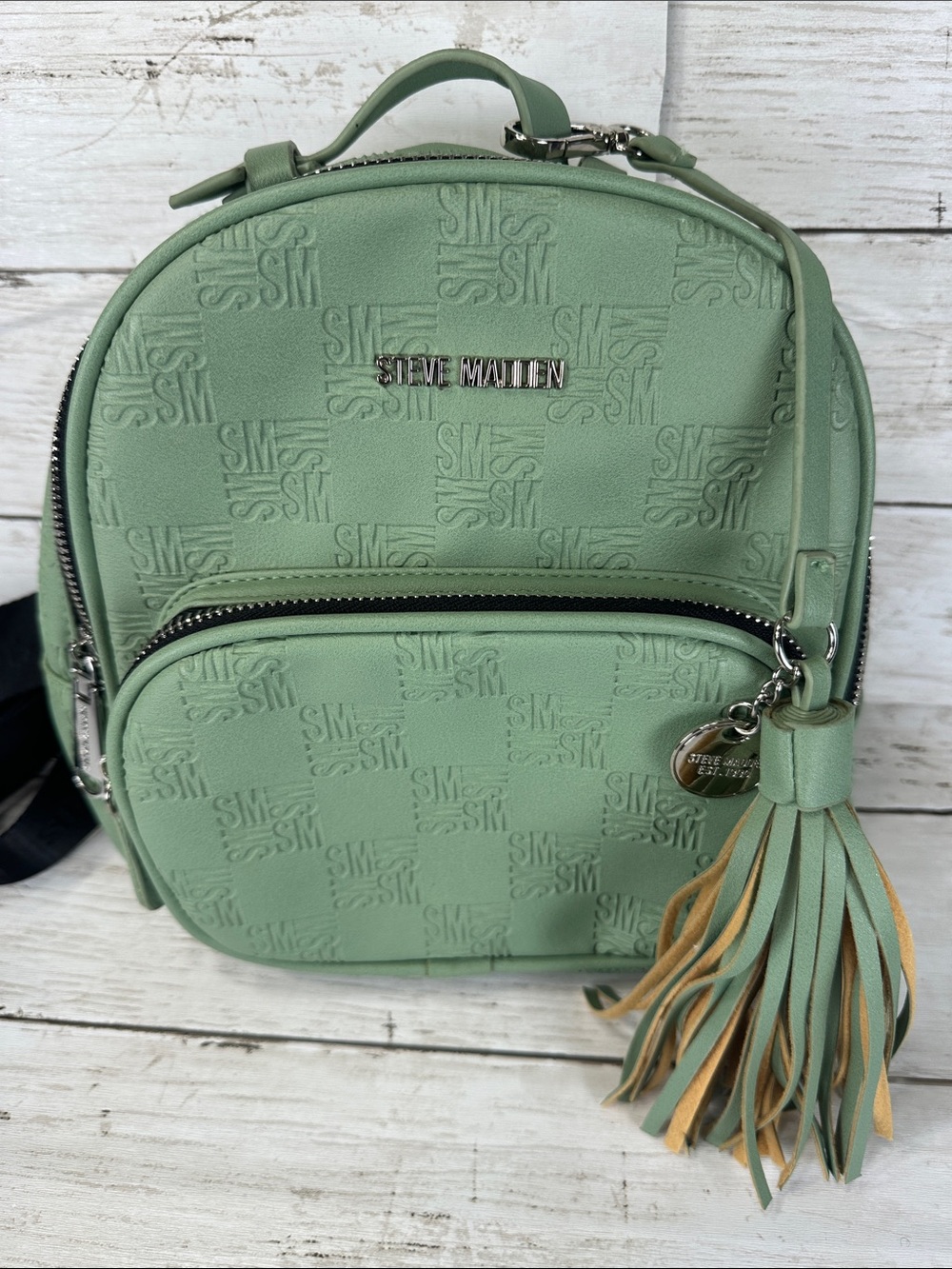Steve Madden Mint Green All-Over Embossed  Monogram Mini Backpack